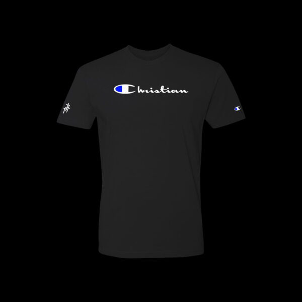 Christian black t front w blue